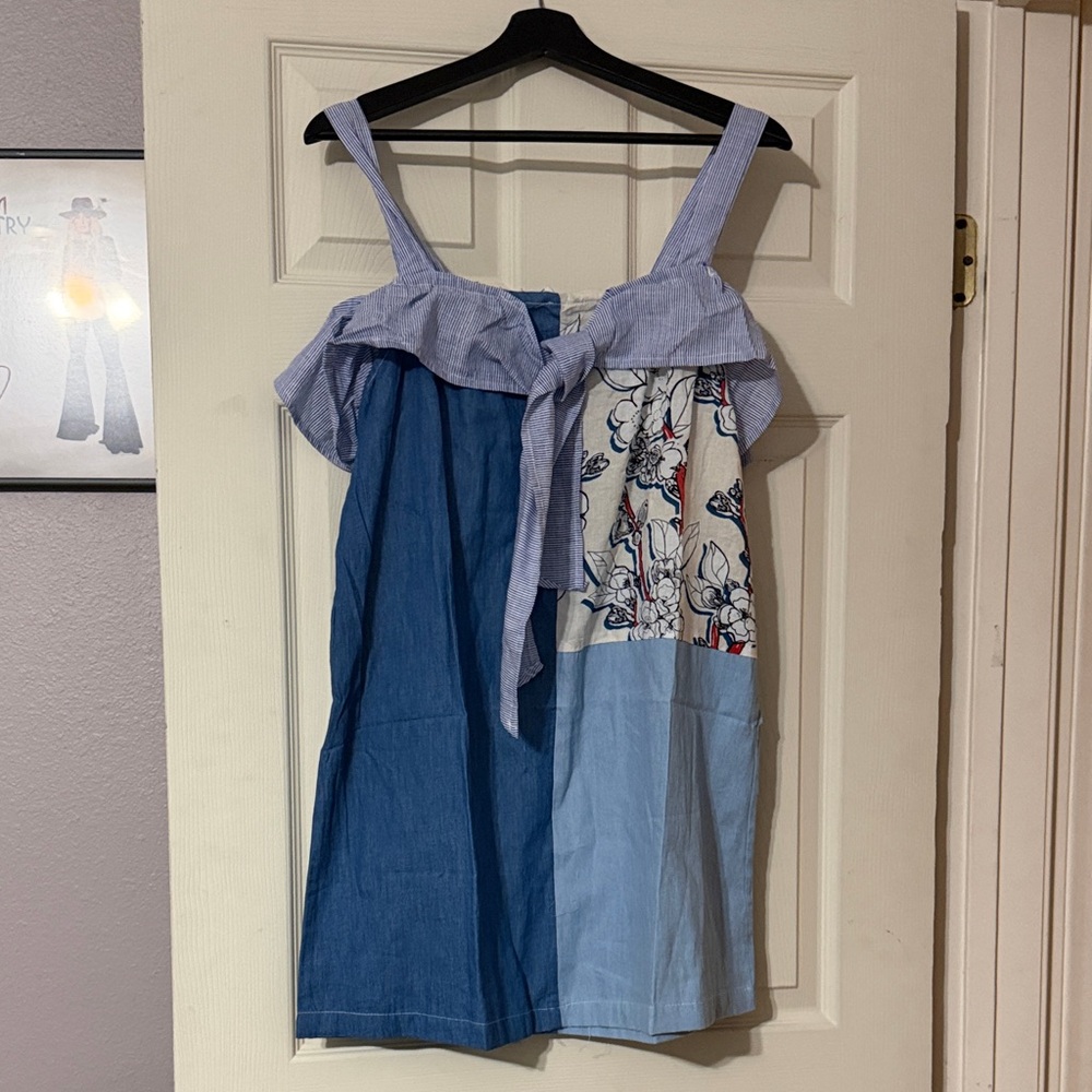 Hayden Blue Patchwork Tie-Front Mini Dress